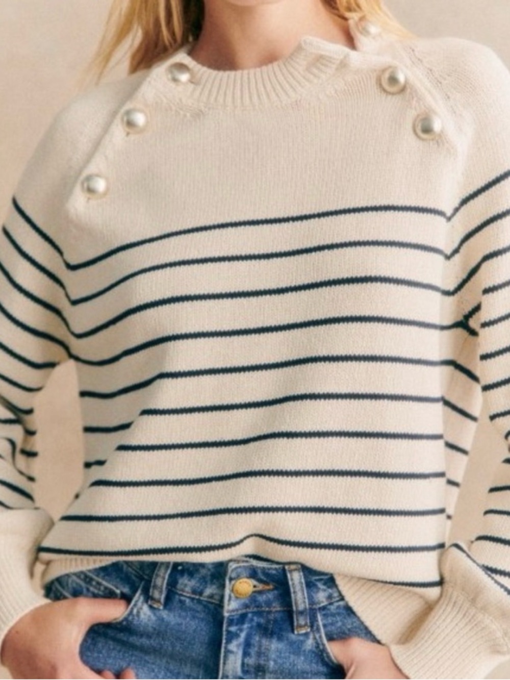 Sezane Cream Sweater with Navy Stripes and Silver Shoulder Buttons - Worn Once